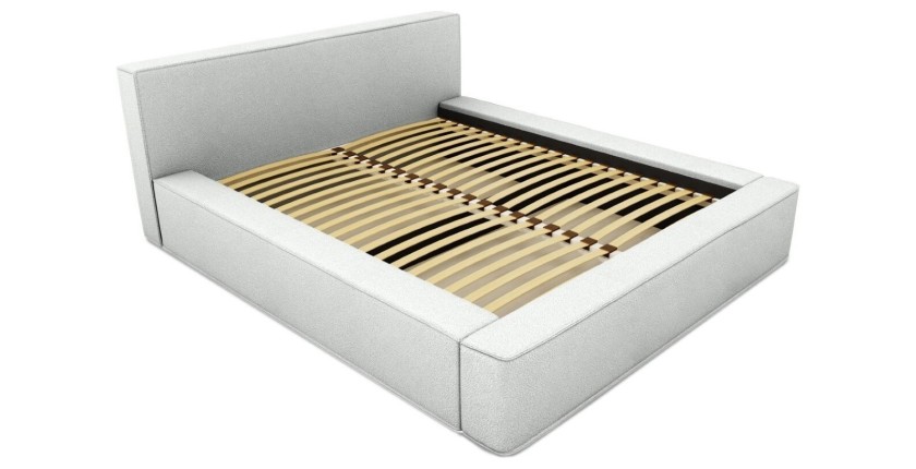 Lit coffre DENALI – Blanc bouclé – 180x200 cm – Tissu effet laine – Sommier relevable – Rangement intégré 