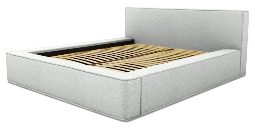 Lit coffre DENALI – Blanc bouclé – 180x200 cm – Tissu effet laine – Sommier relevable – Rangement intégré 