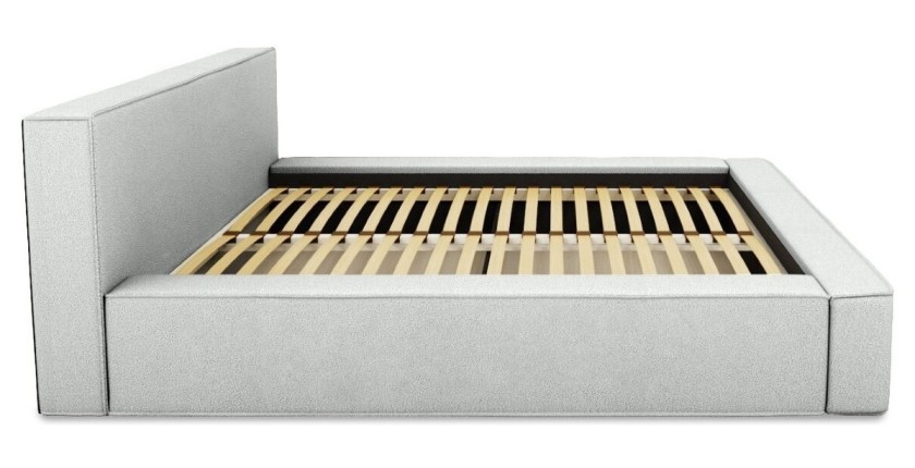 Lit coffre DENALI – Blanc bouclé – 180x200 cm – Tissu effet laine – Sommier relevable – Rangement intégré 