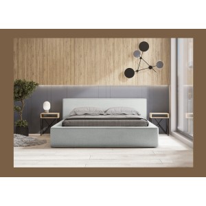 Lit coffre DENALI – Blanc bouclé – 180x200 cm – Tissu effet laine – Sommier relevable – Rangement intégré