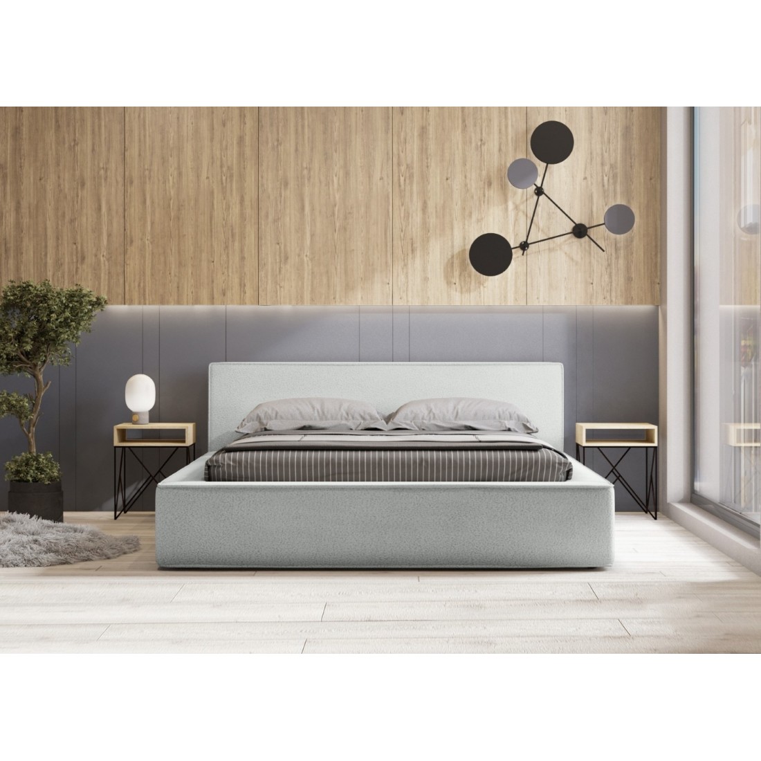 Lit coffre DENALI – Blanc bouclé – 180x200 cm – Tissu effet laine – Sommier relevable – Rangement intégré