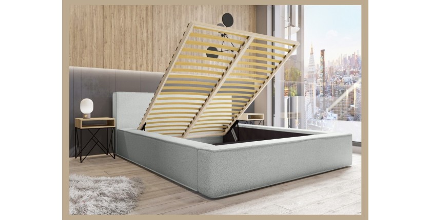 Lit coffre DENALI – Blanc bouclé – 180x200 cm – Tissu effet laine – Sommier relevable – Rangement intégré 
