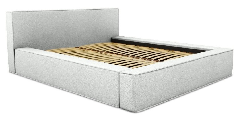 Lit coffre DENALI – Blanc bouclé – 140x200 cm – Tissu effet laine – Sommier relevable – Rangement intégré 