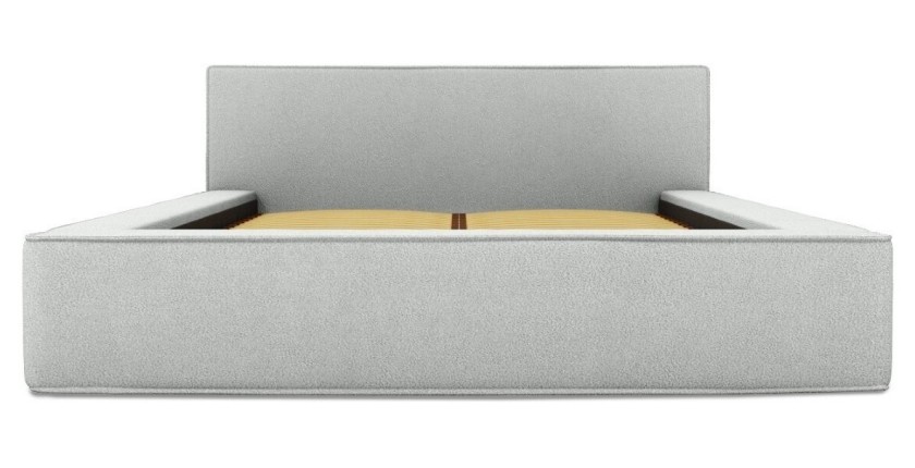 Lit coffre DENALI – Blanc bouclé – 140x200 cm – Tissu effet laine – Sommier relevable – Rangement intégré 