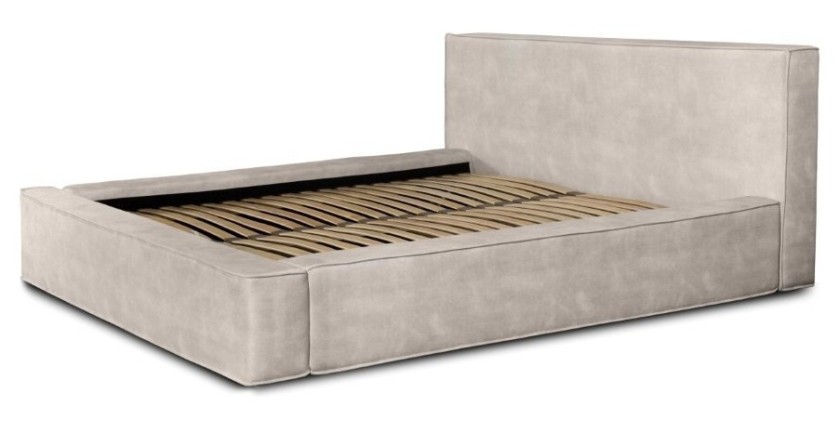 Lit coffre DENALI – Sable – 180x200 cm – Tissu velours doux – Sommier relevable – Rangement intégré 