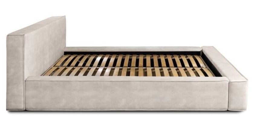 Lit coffre DENALI – Sable – 180x200 cm – Tissu velours doux – Sommier relevable – Rangement intégré 