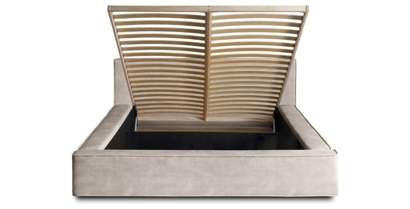 Lit coffre DENALI – Sable – 180x200 cm – Tissu velours doux – Sommier relevable – Rangement intégré 