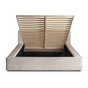 Lit coffre DENALI – Sable – 180x200 cm – Tissu velours doux – Sommier relevable – Rangement intégré 