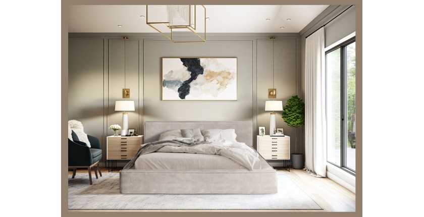 Lit coffre DENALI – Sable – 180x200 cm – Tissu velours doux – Sommier relevable – Rangement intégré 