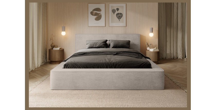 Lit coffre DENALI – Sable – 180x200 cm – Tissu velours doux – Sommier relevable – Rangement intégré