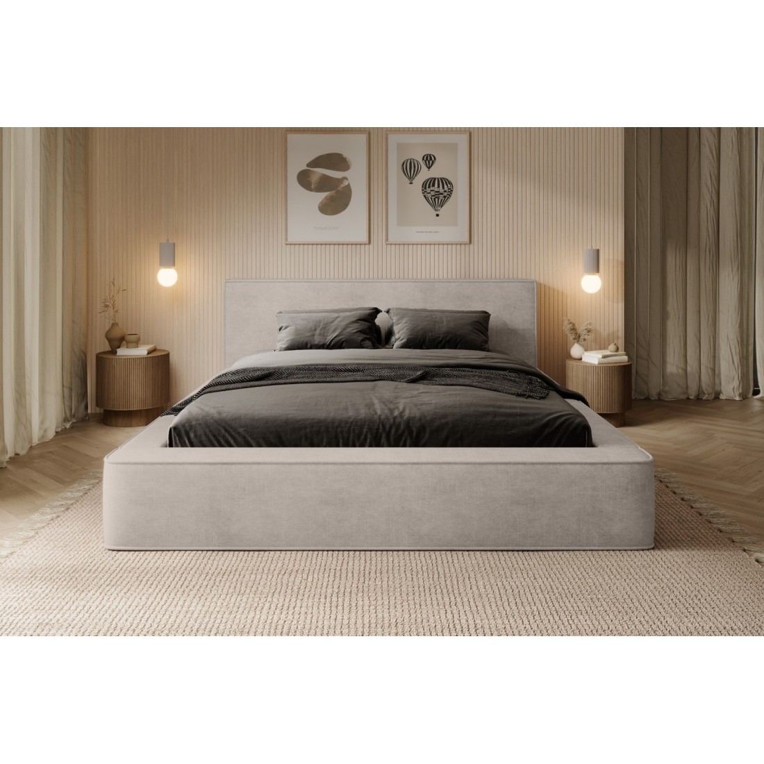 Lit coffre DENALI – Sable – 180x200 cm – Tissu velours doux – Sommier relevable – Rangement intégré