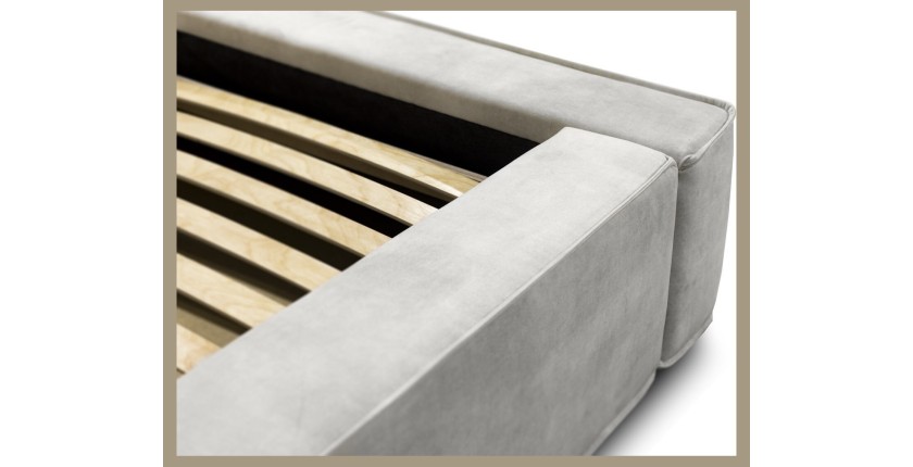 Lit coffre DENALI – Sable – 140x200 cm – Tissu velours doux – Sommier relevable – Rangement intégré 