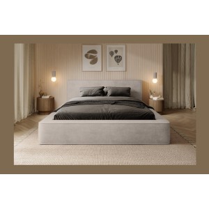 Lit coffre DENALI – Sable – 140x200 cm – Tissu velours doux – Sommier relevable – Rangement intégré