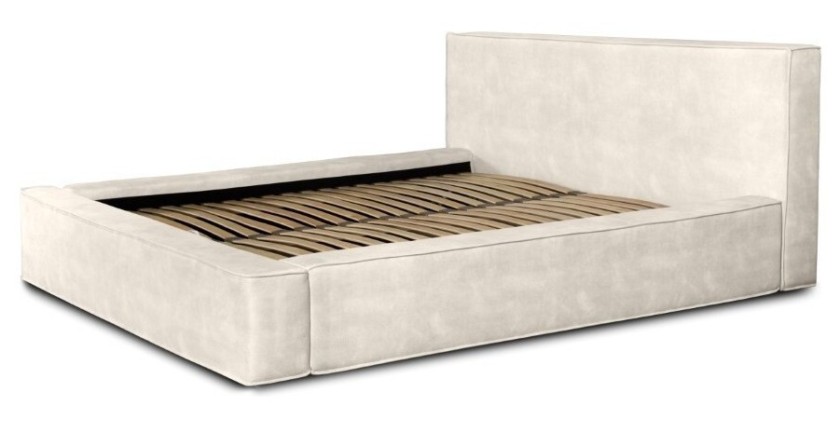 Lit coffre DENALI – Perle – 180x200 cm – Tissu velours doux – Sommier relevable – Rangement intégré 