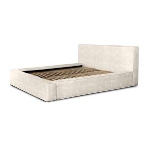 Lit coffre DENALI – Perle – 180x200 cm – Tissu velours doux – Sommier relevable – Rangement intégré 