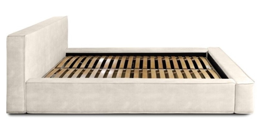 Lit coffre DENALI – Perle – 180x200 cm – Tissu velours doux – Sommier relevable – Rangement intégré 