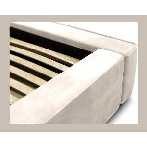 Lit coffre DENALI – Perle – 180x200 cm – Tissu velours doux – Sommier relevable – Rangement intégré 