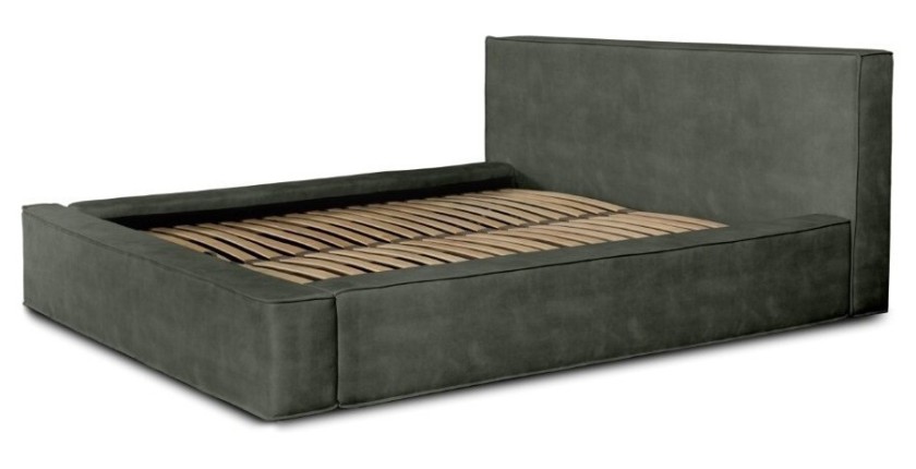 Lit coffre DENALI – Vert sapin – 140x200 cm – Tissu velours doux – Sommier relevable – Rangement intégré 