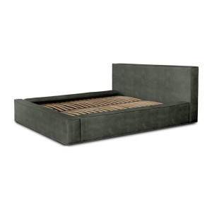 Lit coffre DENALI – Vert sapin – 140x200 cm – Tissu velours doux – Sommier relevable – Rangement intégré 