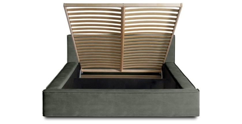 Lit coffre DENALI – Vert sapin – 140x200 cm – Tissu velours doux – Sommier relevable – Rangement intégré 