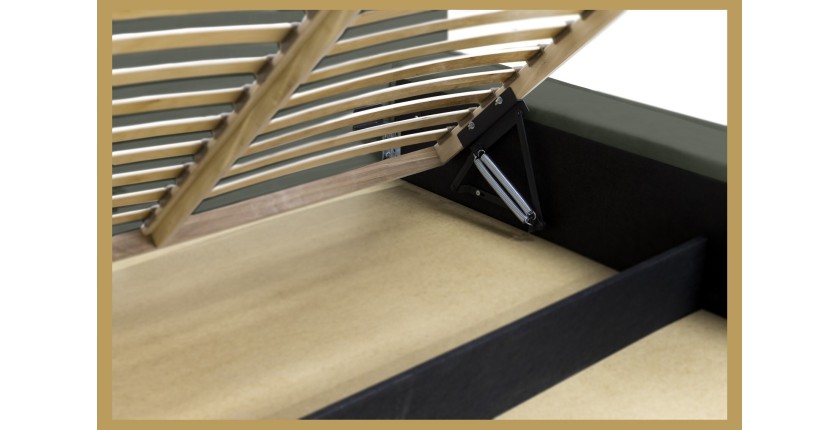 Lit coffre DENALI – Vert sapin – 140x200 cm – Tissu velours doux – Sommier relevable – Rangement intégré 