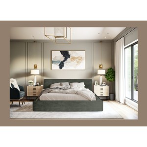 Lit coffre DENALI – Vert sapin – 140x200 cm – Tissu velours doux – Sommier relevable – Rangement intégré 