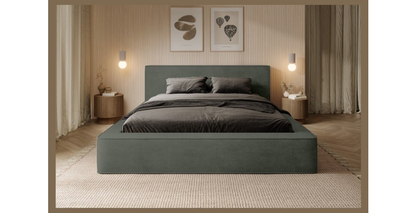 Lit coffre DENALI – Vert sapin – 140x200 cm – Tissu velours doux – Sommier relevable – Rangement intégré
