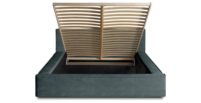 Lit coffre DENALI – Vert émeraude – 180x200 cm – Tissu velours doux – Sommier relevable – Rangement intégré 