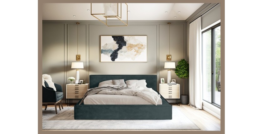 Lit coffre DENALI – Vert émeraude – 180x200 cm – Tissu velours doux – Sommier relevable – Rangement intégré 