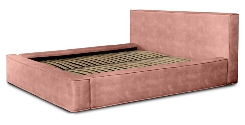 Lit coffre DENALI – Corail – 180x200 cm – Tissu velours doux – Sommier relevable – Rangement intégré 