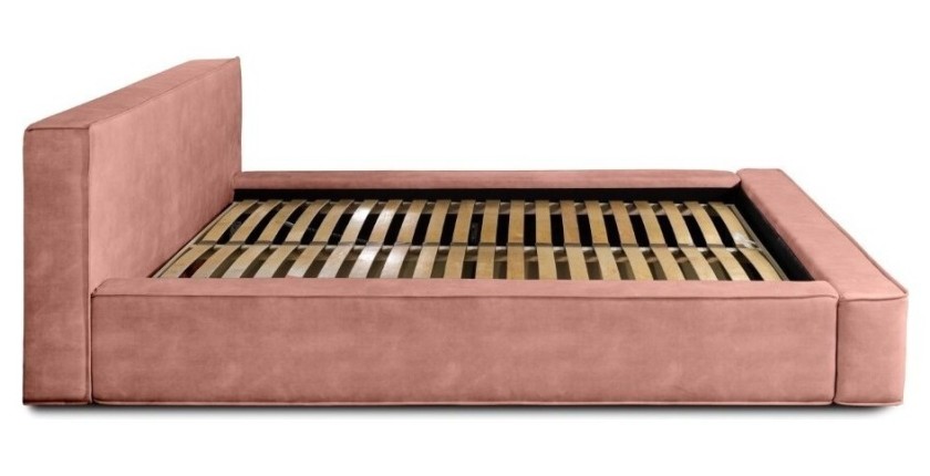 Lit coffre DENALI – Corail – 180x200 cm – Tissu velours doux – Sommier relevable – Rangement intégré 