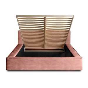 Lit coffre DENALI – Corail – 180x200 cm – Tissu velours doux – Sommier relevable – Rangement intégré 