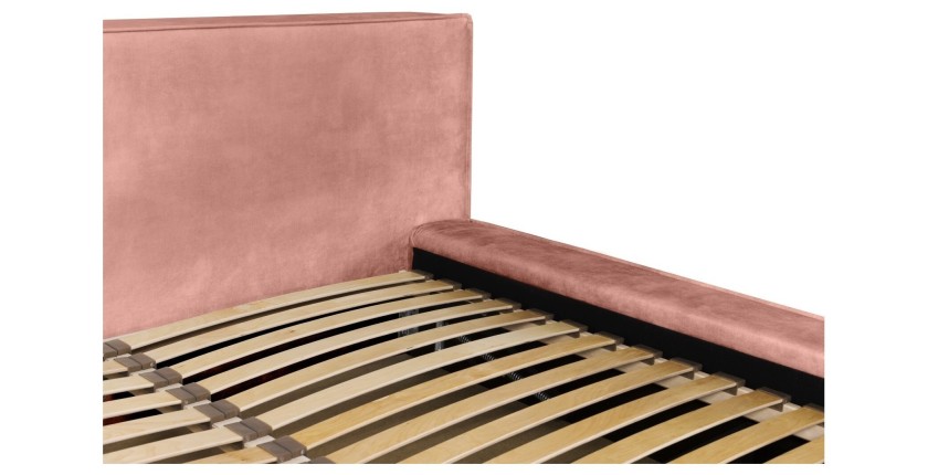 Lit coffre DENALI – Corail – 180x200 cm – Tissu velours doux – Sommier relevable – Rangement intégré 