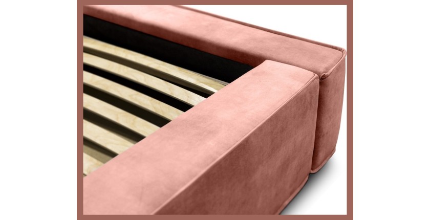 Lit coffre DENALI – Corail – 180x200 cm – Tissu velours doux – Sommier relevable – Rangement intégré 