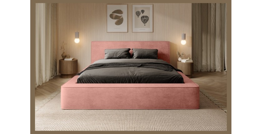 Lit coffre DENALI – Corail – 180x200 cm – Tissu velours doux – Sommier relevable – Rangement intégré