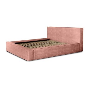 Lit coffre DENALI – Corail – 160x200 cm – Tissu velours doux – Sommier relevable – Rangement intégré 