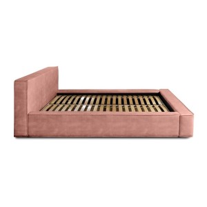 Lit coffre DENALI – Corail – 160x200 cm – Tissu velours doux – Sommier relevable – Rangement intégré 