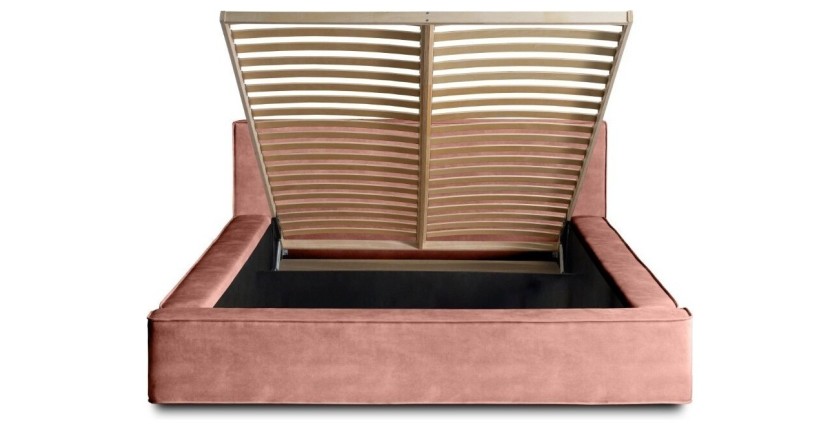 Lit coffre DENALI – Corail – 160x200 cm – Tissu velours doux – Sommier relevable – Rangement intégré 