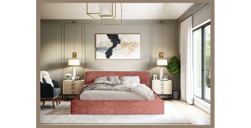 Lit coffre DENALI – Corail – 160x200 cm – Tissu velours doux – Sommier relevable – Rangement intégré 