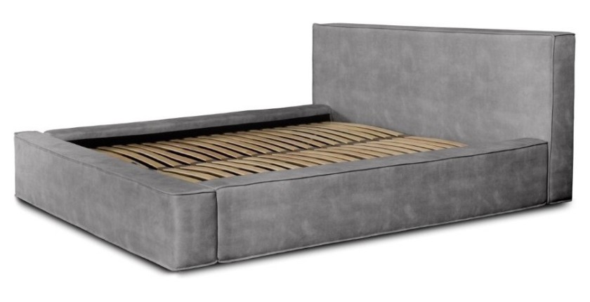Lit coffre DENALI – Gris clair – 180x200 cm – Tissu velours doux – Sommier relevable – Rangement intégré 