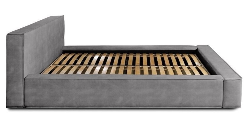 Lit coffre DENALI – Gris clair – 180x200 cm – Tissu velours doux – Sommier relevable – Rangement intégré 