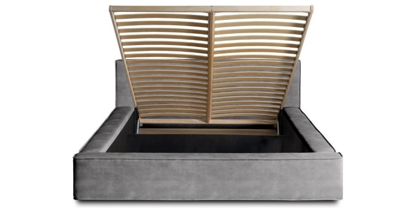 Lit coffre DENALI – Gris clair – 180x200 cm – Tissu velours doux – Sommier relevable – Rangement intégré 