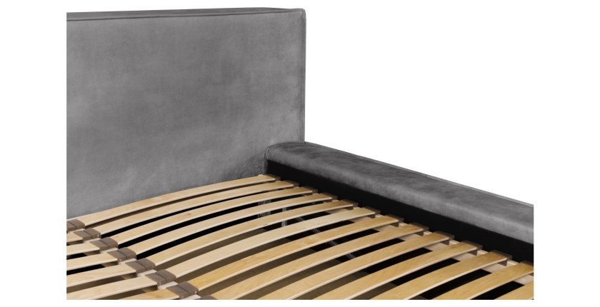 Lit coffre DENALI – Gris clair – 180x200 cm – Tissu velours doux – Sommier relevable – Rangement intégré 