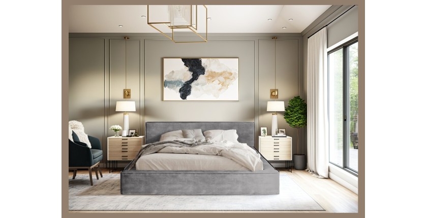 Lit coffre DENALI – Gris clair – 180x200 cm – Tissu velours doux – Sommier relevable – Rangement intégré 