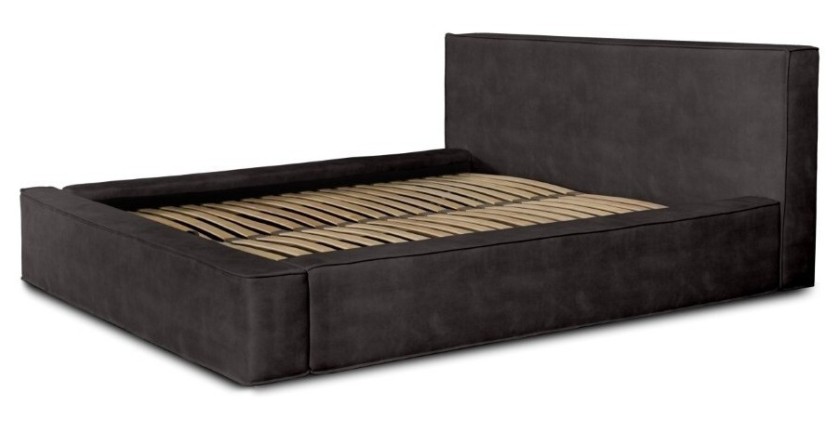 Lit coffre DENALI – Gris anthracite – 180x200 cm – Tissu velours doux – Sommier relevable – Rangement intégré 