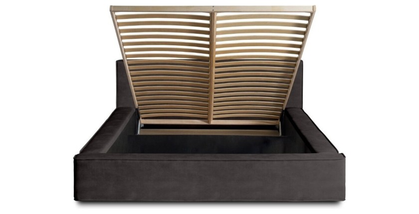 Lit coffre DENALI – Gris anthracite – 180x200 cm – Tissu velours doux – Sommier relevable – Rangement intégré 