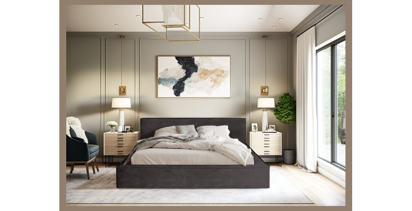 Lit coffre DENALI – Gris anthracite – 180x200 cm – Tissu velours doux – Sommier relevable – Rangement intégré