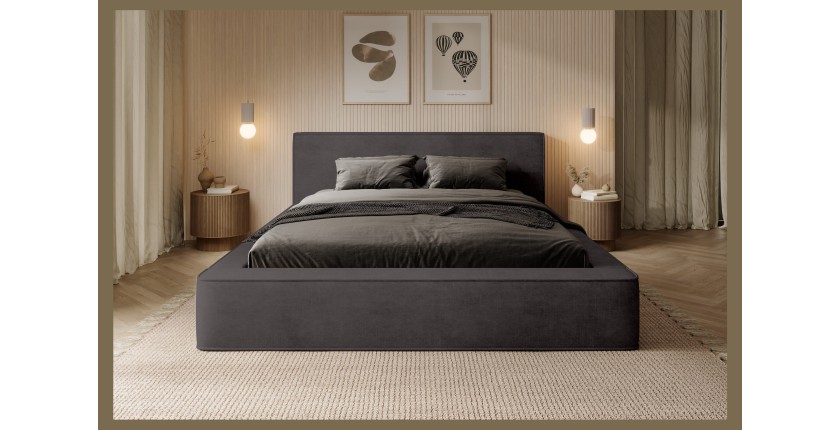 Bed met opbergruimte DENALI – Antracietgrijs – 140x200 cm – Zacht fluwelen stof – Opklapbare lattenbodem – Geïntegreerde opbergr