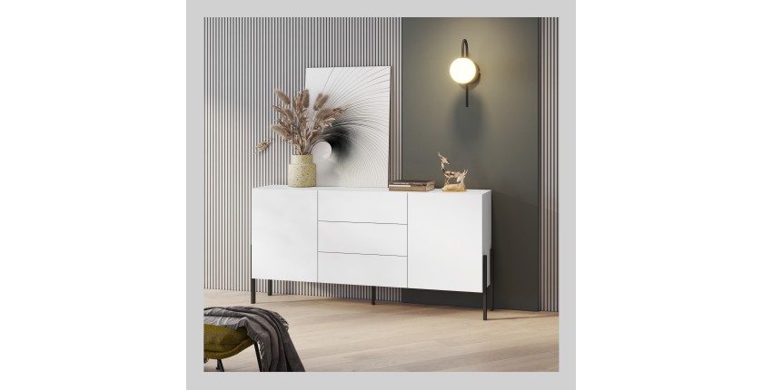 Buffet SALMA 2 portes & 3 tiroirs Push-to-Open – Blanc Super Matt & Noir Mat, 184×90×40 cm