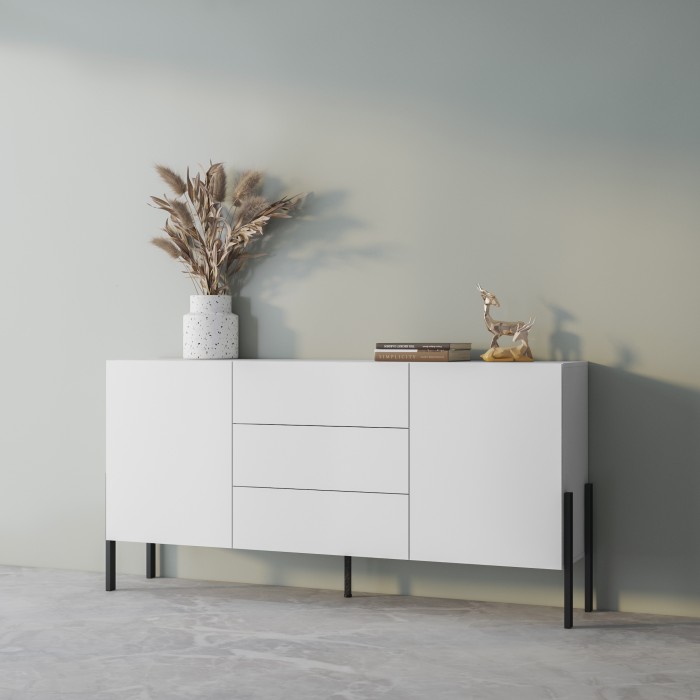 Buffet SALMA 2 porte & 3 cassetti Push-to-Open – Bianco Super Opaco & Nero Opaco, 184×90×40 cm